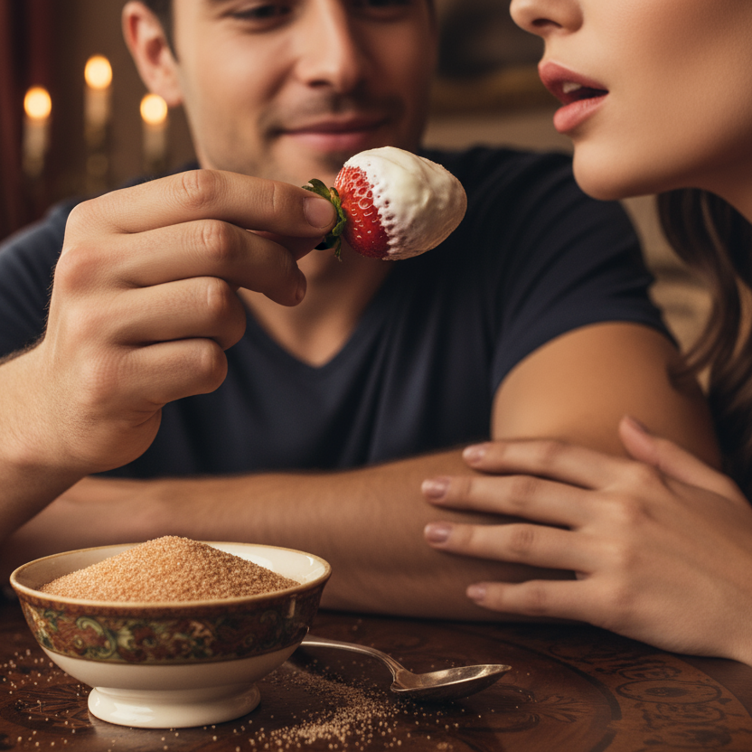 a handsome man dipped strawberry and cream into a small bowl of cinnamon sugar with a sutlry women standing next to him as he feeds her the strawberry